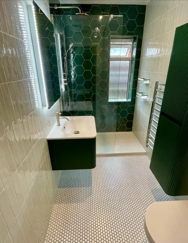 Green feature wall & vanity by Prestige Tiling